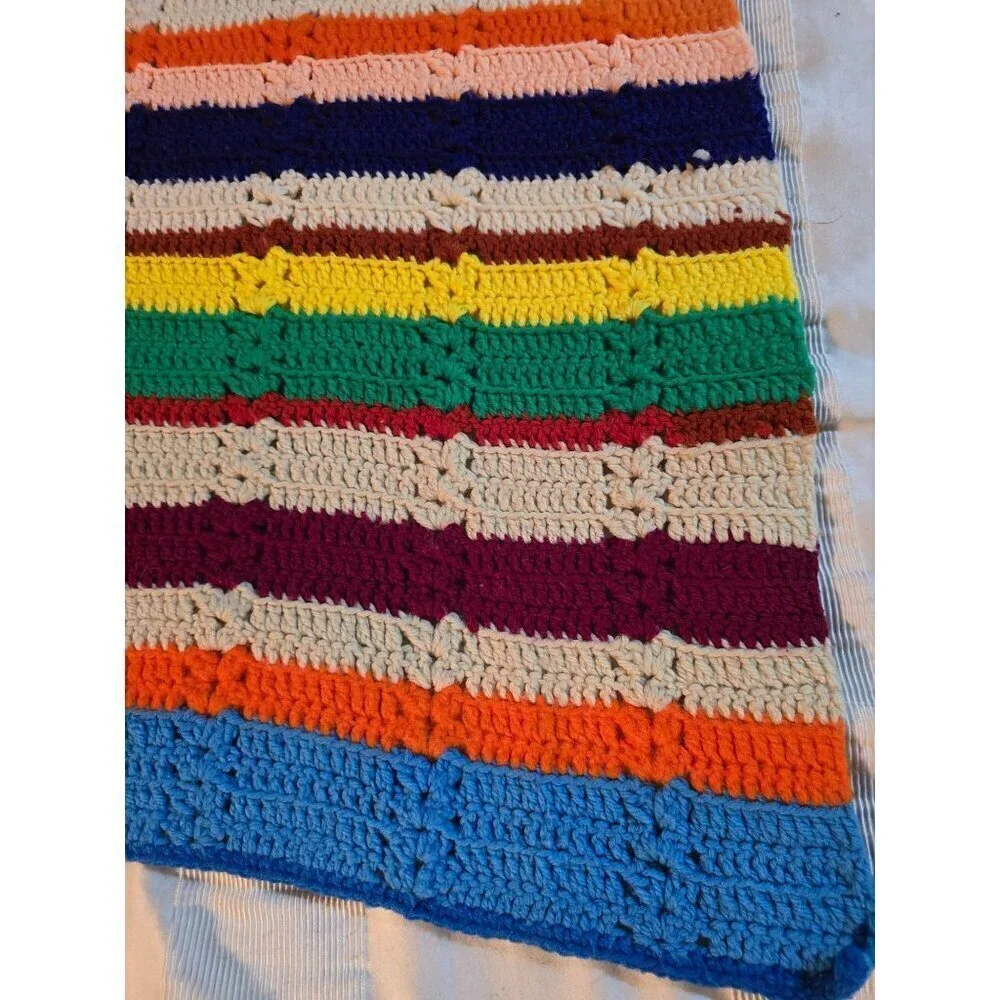 Vintage Handmade Colorful Stripes Knit Crochet Throw Blanket